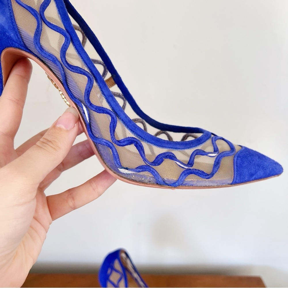 Aquazzura Blue Mesh and Suede Pointed-Toe Stiletto Pumps - Picture 6 of 10